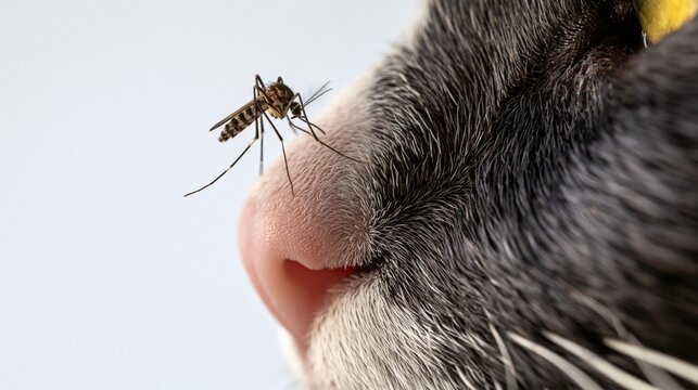 Mosquito landing on cat nose close up on white background