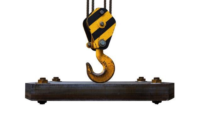 Heavy duty crane hook with yellow and black stripes lifting a metal beam, isolated on transparent background
