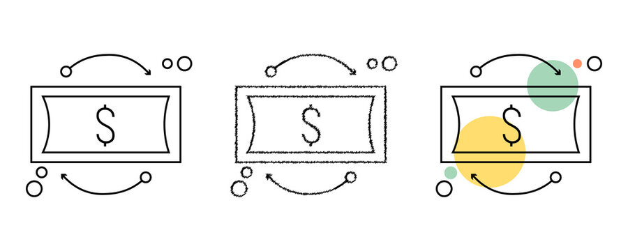 Set of three money exchange icons in line sketch and color styles for global currency trade and financial transaction concepts.