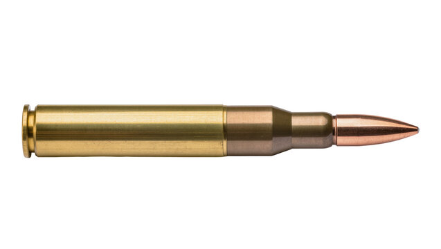 Golden brass cartridge with copper bullet, isolated on transparent background