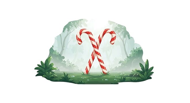 Crossed candy canes in a misty green forest illustration