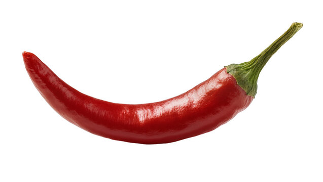 Bright red chili pepper with green stem, isolated on transparent background