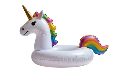 White inflatable unicorn pool float with rainbow mane and tail, isolated on transparent background © Aliona