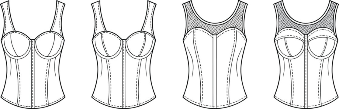 Technical fashion sketch of four different styles of sleeveless corset tops with various necklines and design details