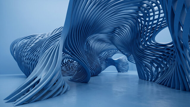 Futuristic parametric blue architectural structure with flowing organic curves and ribbed lattice design.