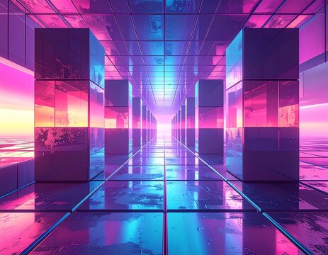Floating holographic cubes forming grid, symmetrical perspective, neon gradient lighting