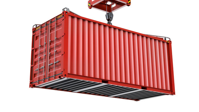 Red shipping container being lifted by crane, isolated on transparent background