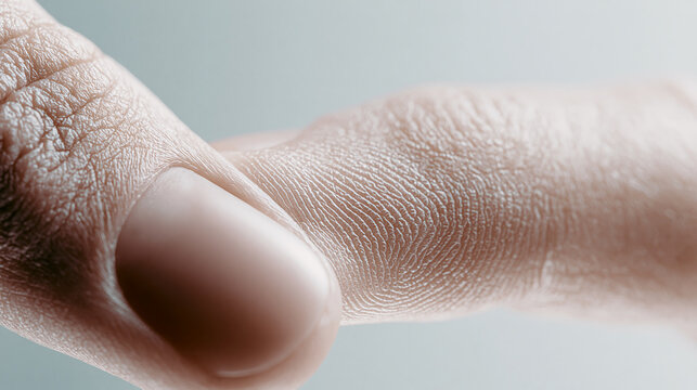 An extreme macro photograph captures a fingertip being gently pressed near the nail, revealing sharply defined fingerprint ridges.