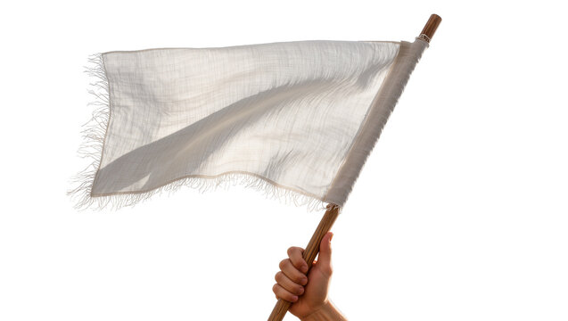 Hand holding frayed white fabric flag on wooden pole, isolated on transparent background