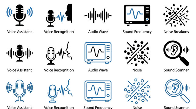 Comprehensive collection of flat vector icons for voice assistant technology featuring sound wave patterns recognition symbols and speech control interface elements for mobile applications
