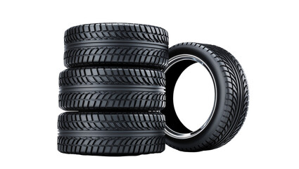 Stack of black rubber car tires with one tire on its side, isolated on transparent background © Aliona