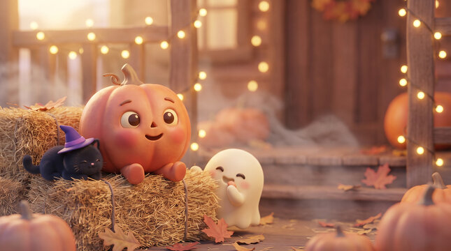 Cute 3D kawaii pumpkin character with black kitten and happy ghost on autumn hay bale on decorated porch with string lights