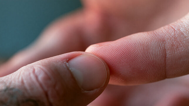 An extreme macro photograph captures one fingertip gently pressing against another, revealing intricate fingerprint ridges.