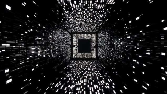 Abstract 4K digital glitch background showcasing an active grid pattern of black and white geometric blocks inspired by high tech computer processor data errors software crashes and electronic signal