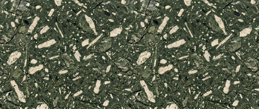 Porphyry rock texture featuring a dark forest green volcanic matrix with contrasting white and light grey angular mineral laths creates a striking, modern, and structural backdrop for