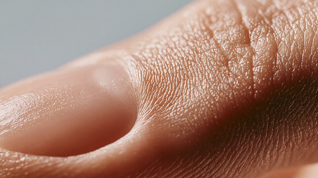 An extreme macro photograph highlights the natural texture surrounding a human fingernail, revealing fine skin lines, pores.