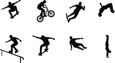 Naklejka premium Set of extreme sports silhouettes featuring skateboarding BMX parkour snowboarding and rollerblading icons