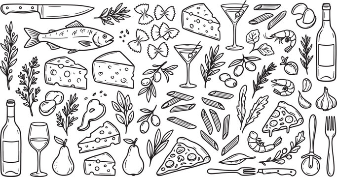 Hand drawn food and drink collection featuring pasta cheese wine fish and herbs in sketch style