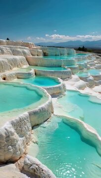 Wide angle ultra HD 4K travel video of Turkey&rsquo;s world famous Pamukkale travertine terraces showcasing pure white thermal mineral pools under a clear sky highlighting this unique geological natural