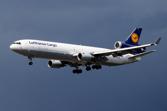 Lufthansa Cargo McDonnell Douglas MD-11F (D-ALCK) on landing approach at Frankfurt Airport on June 28, 2017 in Frankfurt am Main, Germany