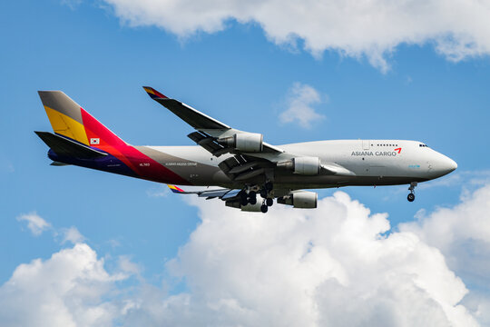 Asiana Cargo Boeing 747-400F (HL7413) on landing approach at Frankfurt Airport on June 28, 2017 in Frankfurt am Main, Germany