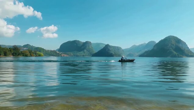 Spectacular ultra HD 4K drone footage flying high over an idyllic alpine lake with deep blue water and gentle ripples glistening under bright midday sunshine while a single white leisure boat cruises