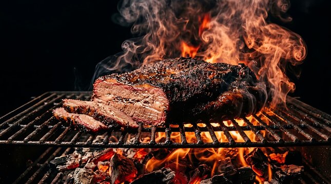 Smoked beef brisket slices cooking over glowing charcoal grill with flames