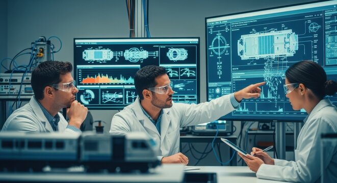 Environmental engineers analyzing realtime sensor data from a hydrogen fuelcell train module during a controlled bunker experiment.