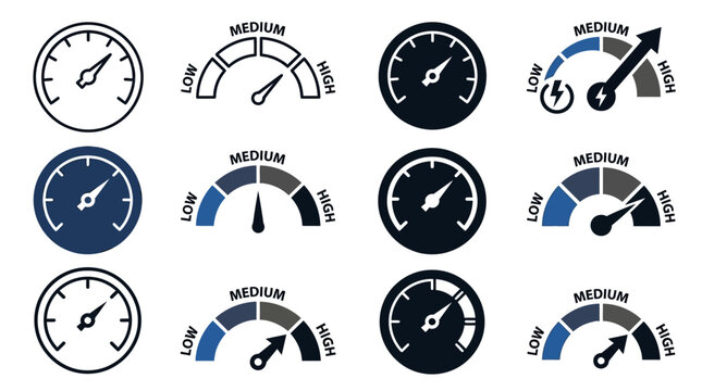 Vector illustration set featuring modern speedometer icons with performance level dials and gauge bars representing power measurement and digital interface graphics for dashboard monitoring.
