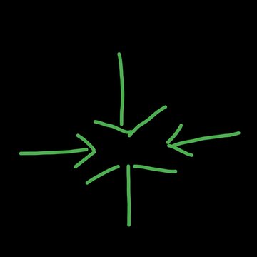 pA simple illustration of multiple green hand-drawn arrows on a solid black background, with all arrows pointing inward toward a single central focal point, suggesting concepts like compression, focus