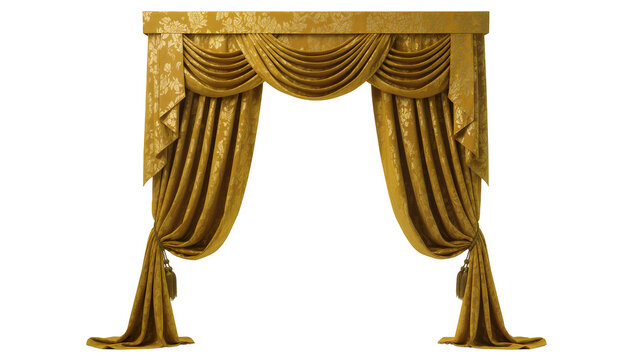 Golden damask draped curtains with tassels, isolated on transparent background