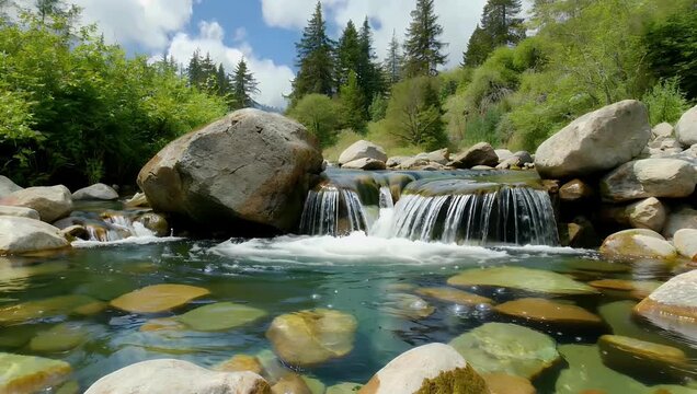 High resolution 4K scenic nature video tracking a clean crystal clear freshwater stream trickling gently over smooth river pebbles framed tightly by vibrant overhanging green ferns and mossy banks to