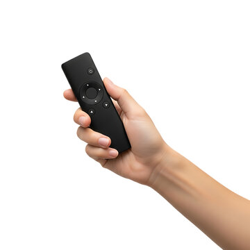 Person holding black minimalist remote control on transparent background