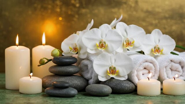 White orchid flower with stacked zen stone and candle on towel. Relaxing spa setting and wellness composition for beauty treatment. Calm meditation environment.