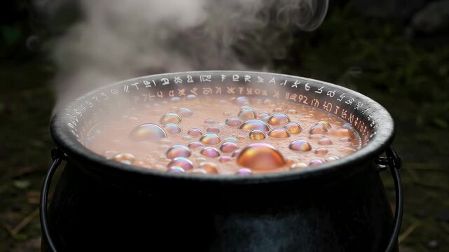 Magic cauldron with glowing liquid and rising steam. Witch pot bubbling with mysterious potion. Fantasy alchemy for ritual scene, occult and supernatural concept.