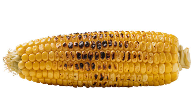 Golden yellow corn cob with charred kernels, isolated on transparent background