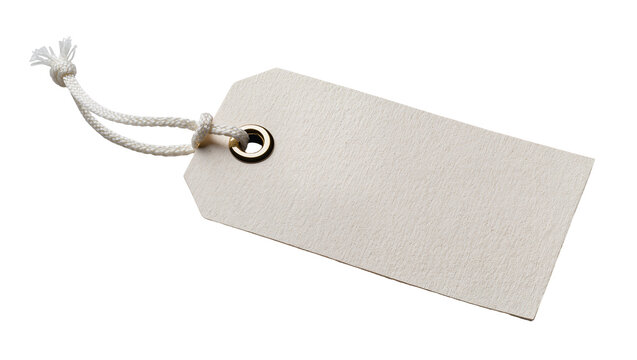 Blank textured paper tag with white string and brass grommet, isolated on transparent background