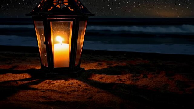 Lit candle inside vintage lantern on sandy beach at night. Glowing lamp by ocean sea waves under starry sky. Romantic coastal scene for relaxation or meditation.