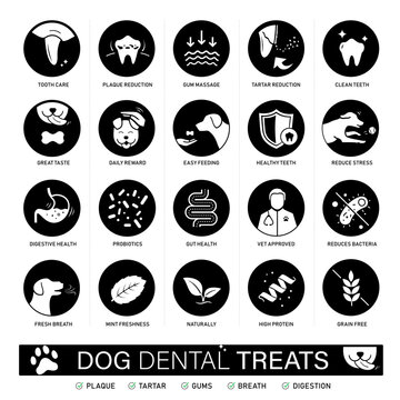 Dog dental treats icon set for design, branding, presentation of product. The solid vector icons are well scalable and editable for packaging label design. EPS10.