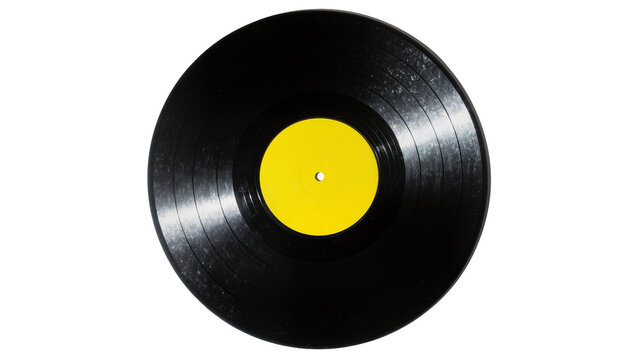 Black vinyl record with yellow label, isolated on transparent background