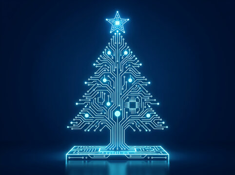 Glowing digital circuit board christmas tree shape on dark background with christmas technology electronic computer innovation software hardware engineering