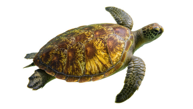 Green sea turtle with patterned shell swimming, isolated on transparent background