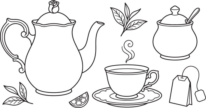 Tea time set with teapot cup and sugar bowl line art illustration for coloring book page