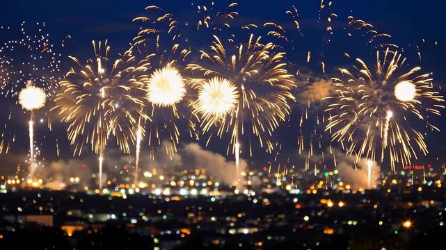 Golden fireworks exploding over city skyline at night. Bright pyrotechnic display during New Year celebration. Cityscape view illuminated by festive light event.