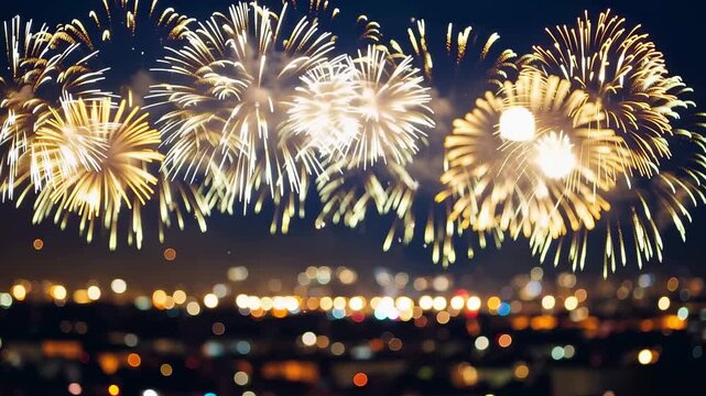 Golden fireworks exploding over city skyline at night. Festive pyrotechnic display celebration for New Year. Bright light beams illuminating sky in urban scene.