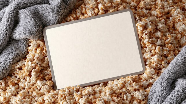 A blank card rests on a bed of popcorn with a soft blanket.