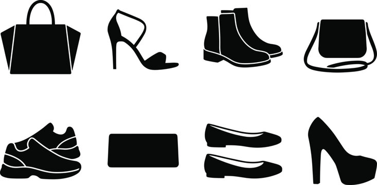 Fashion accessories icon set with women shoes handbags boots sneakers and purse silhouettes vector isolated