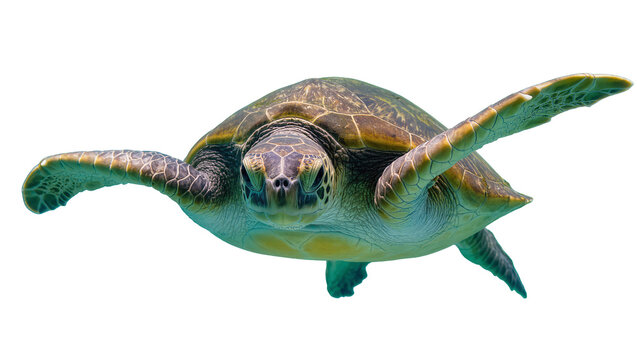 Green sea turtle swimming forward, isolated on transparent background