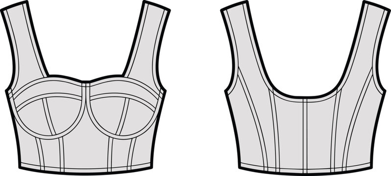 Front and back view of a sleeveless cropped corset top with bustier cups and structural seam details