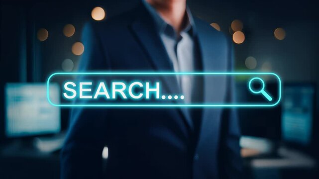 Cinematic footage of a businessman in a suit pressing digital search bar with illuminated magnifying glass icon, symbolizing research and online discovery, for digital marketing and website content